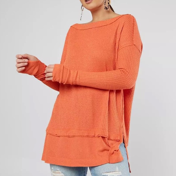 Free People We The Free North Shore Long Sleeve Thermal Tunic Top Orange Size XS - Picture 1 of 6